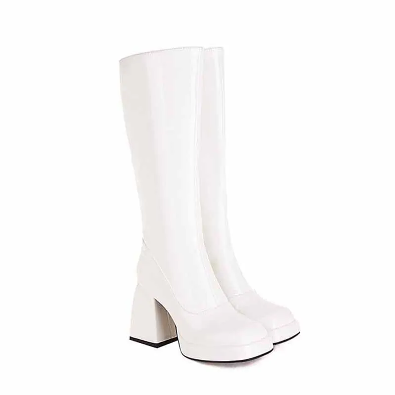 Wome Knee High Boots With Side Zipper and Chunky Heel