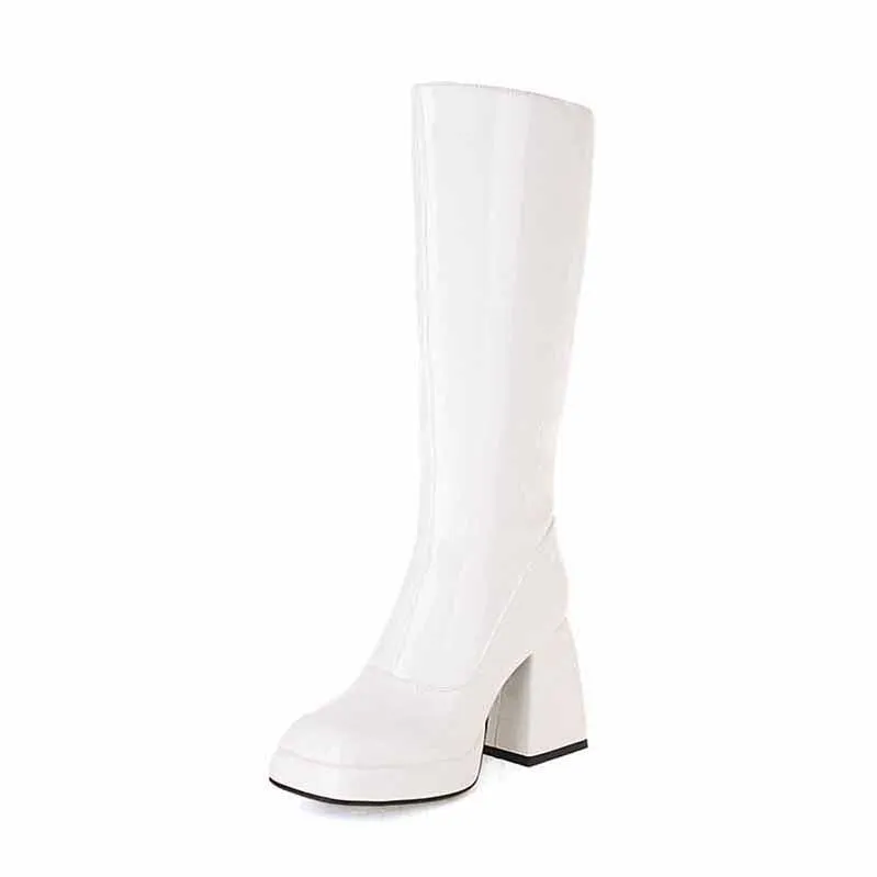 Wome Knee High Boots With Side Zipper and Chunky Heel