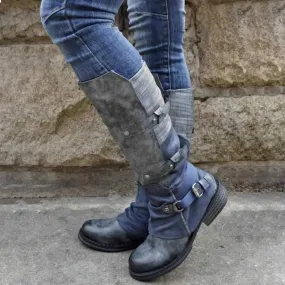 Women blue chunky heel side zipper buckle strap knee high boots