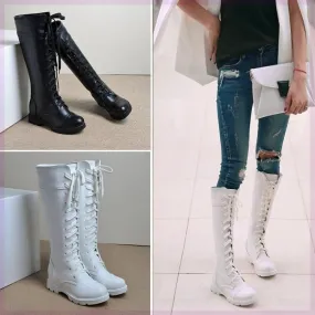 Women chunky platform knee high criss cross lace up motorcycle boots