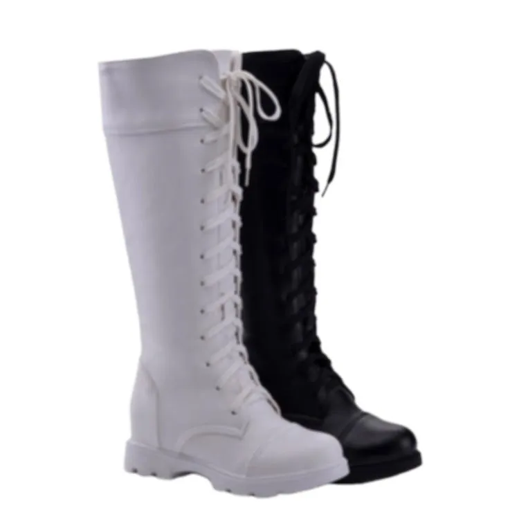 Women chunky platform knee high criss cross lace up motorcycle boots