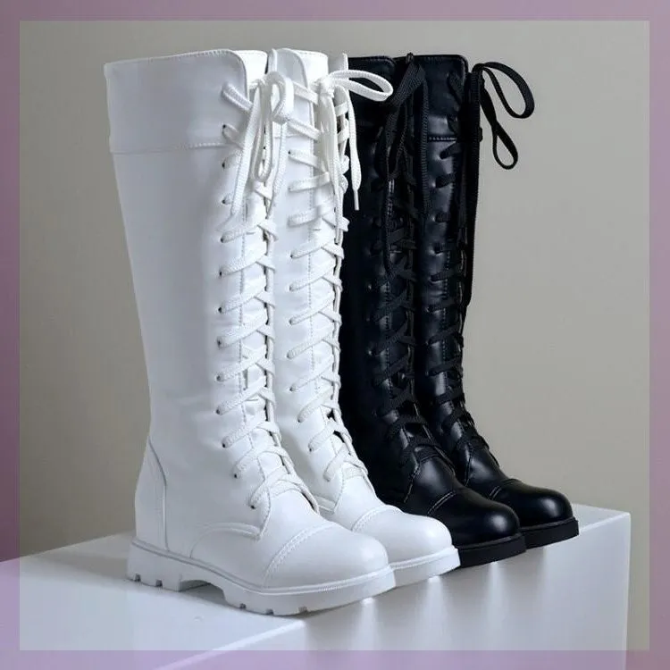 Women chunky platform knee high criss cross lace up motorcycle boots