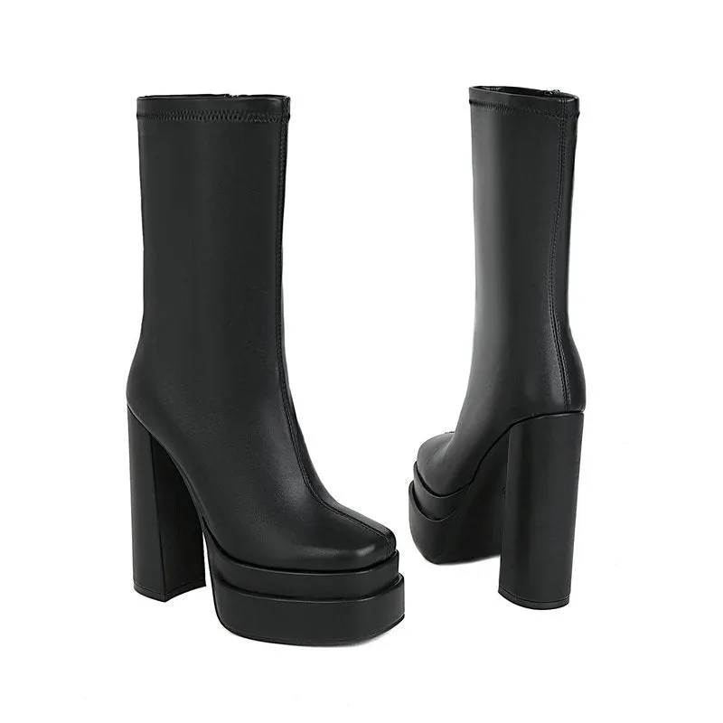 Women fashion chunky heeled platform side zipper short black boots