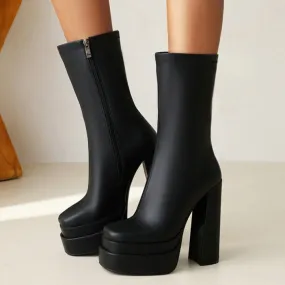 Women fashion chunky heeled platform side zipper short black boots