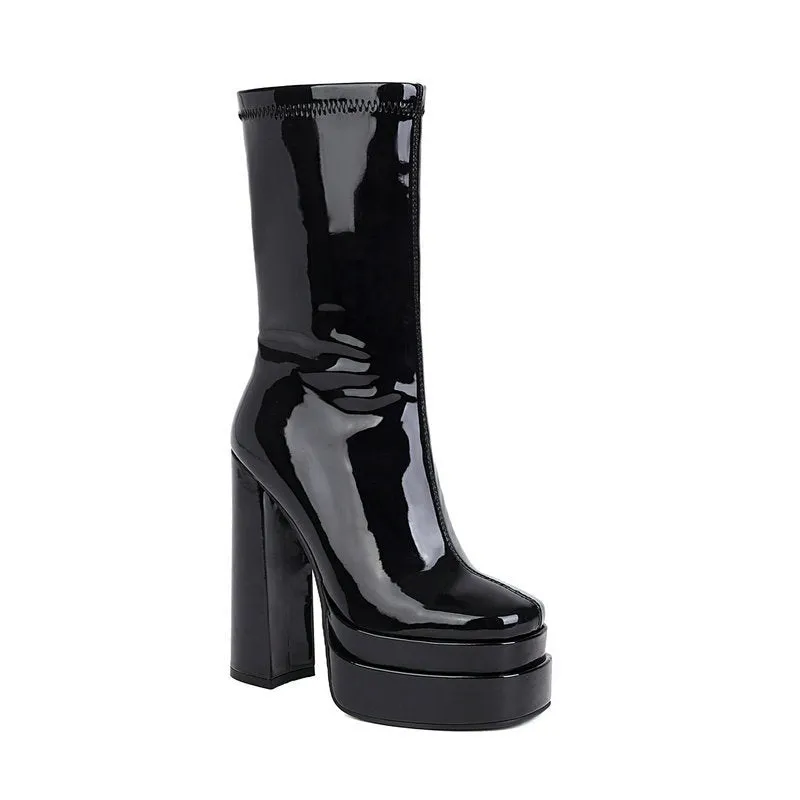 Women fashion chunky heeled platform side zipper short black boots