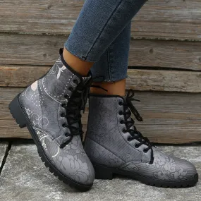 Women flower printed ankle boots chunky low heel lace up short boots