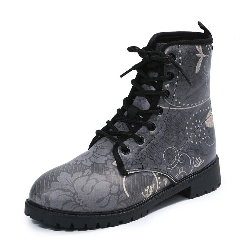 Women flower printed ankle boots chunky low heel lace up short boots