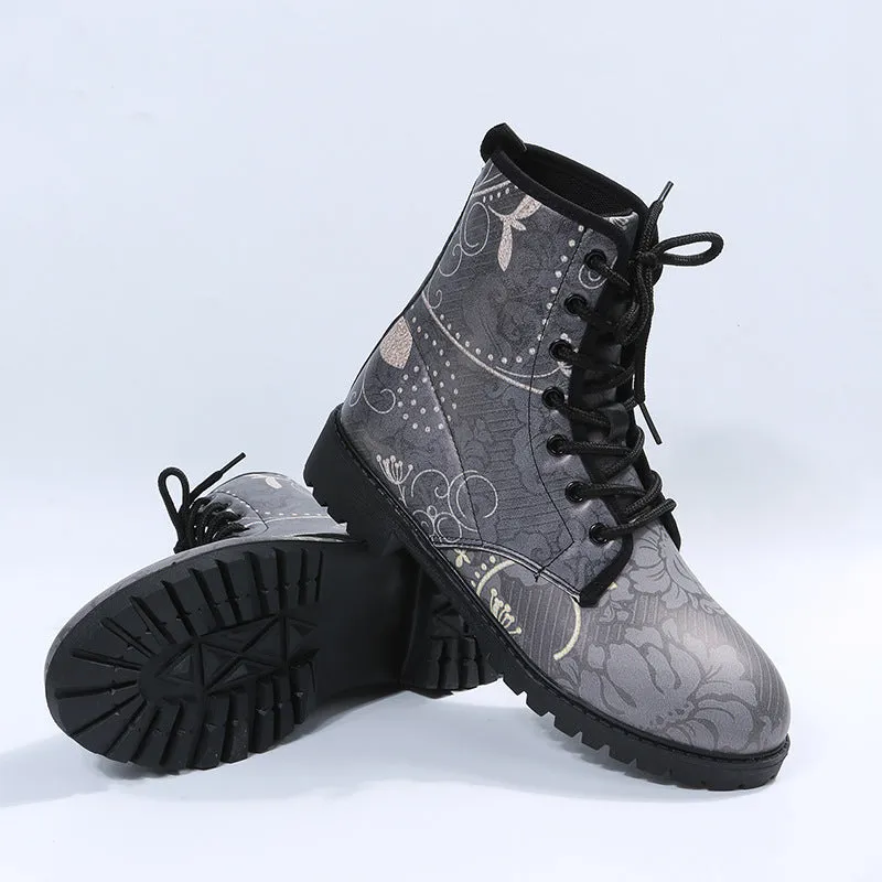 Women flower printed ankle boots chunky low heel lace up short boots