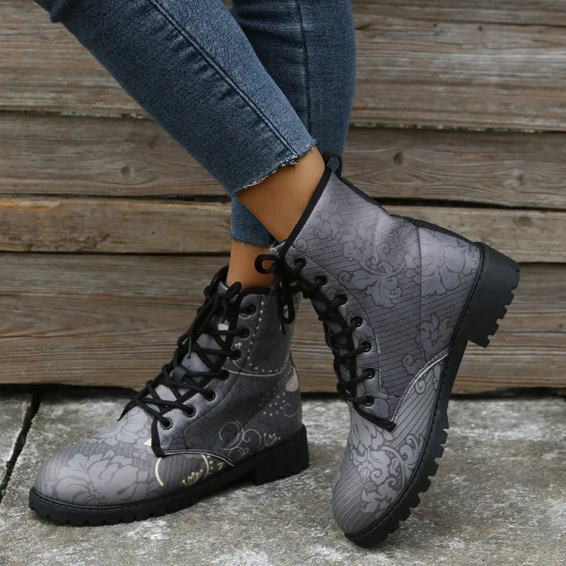 Women flower printed ankle boots chunky low heel lace up short boots