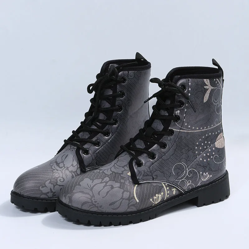 Women flower printed ankle boots chunky low heel lace up short boots