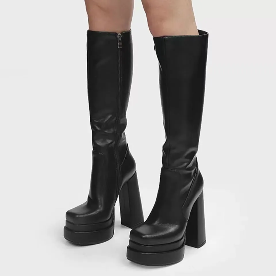 Women knee high boots platform side zipper chunky high heel boots long black boots