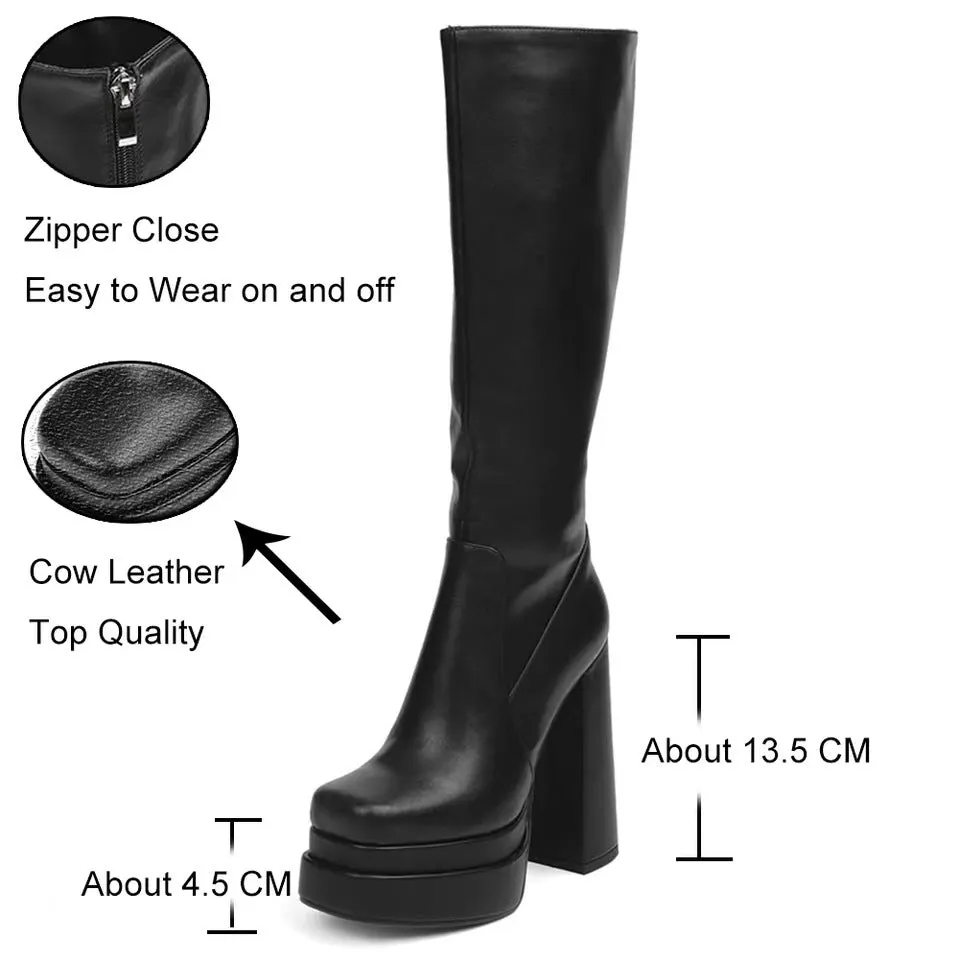 Women knee high boots platform side zipper chunky high heel boots long black boots