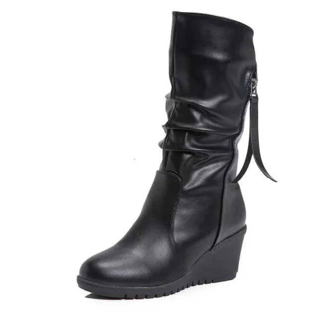 Women mid calf boots side zipper slouch wedge boots round toe