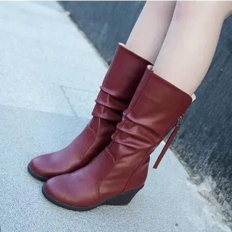 Women mid calf boots side zipper slouch wedge boots round toe