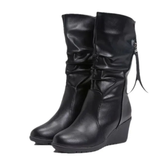 Women mid calf boots side zipper slouch wedge boots round toe