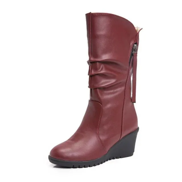 Women mid calf boots side zipper slouch wedge boots round toe