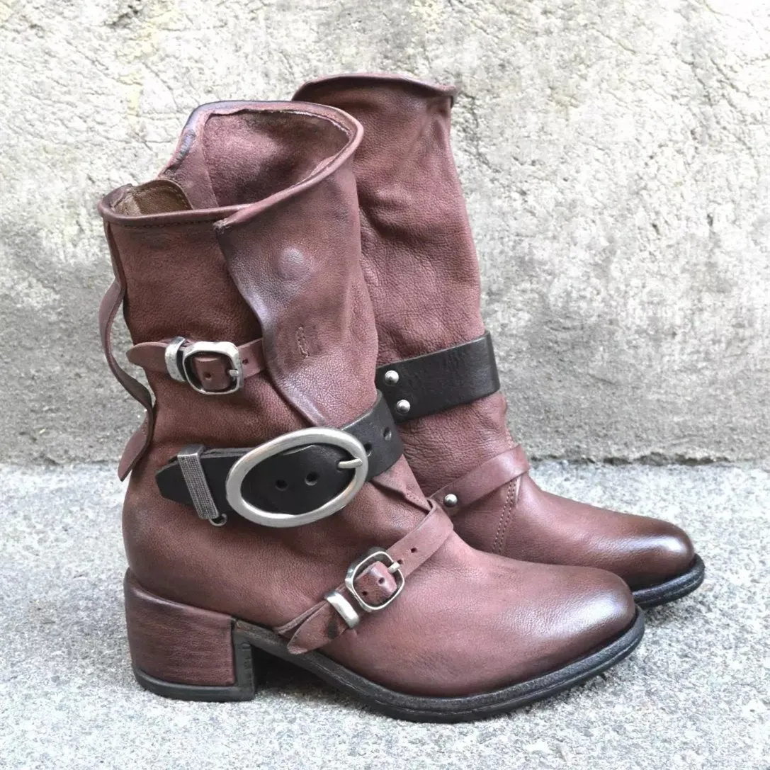 Women motorcycle chunky heel buckle strap mid calf boots