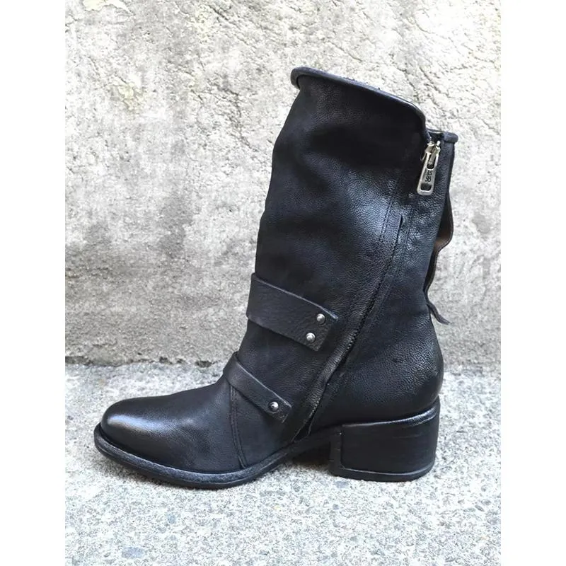 Women motorcycle chunky heel buckle strap mid calf boots