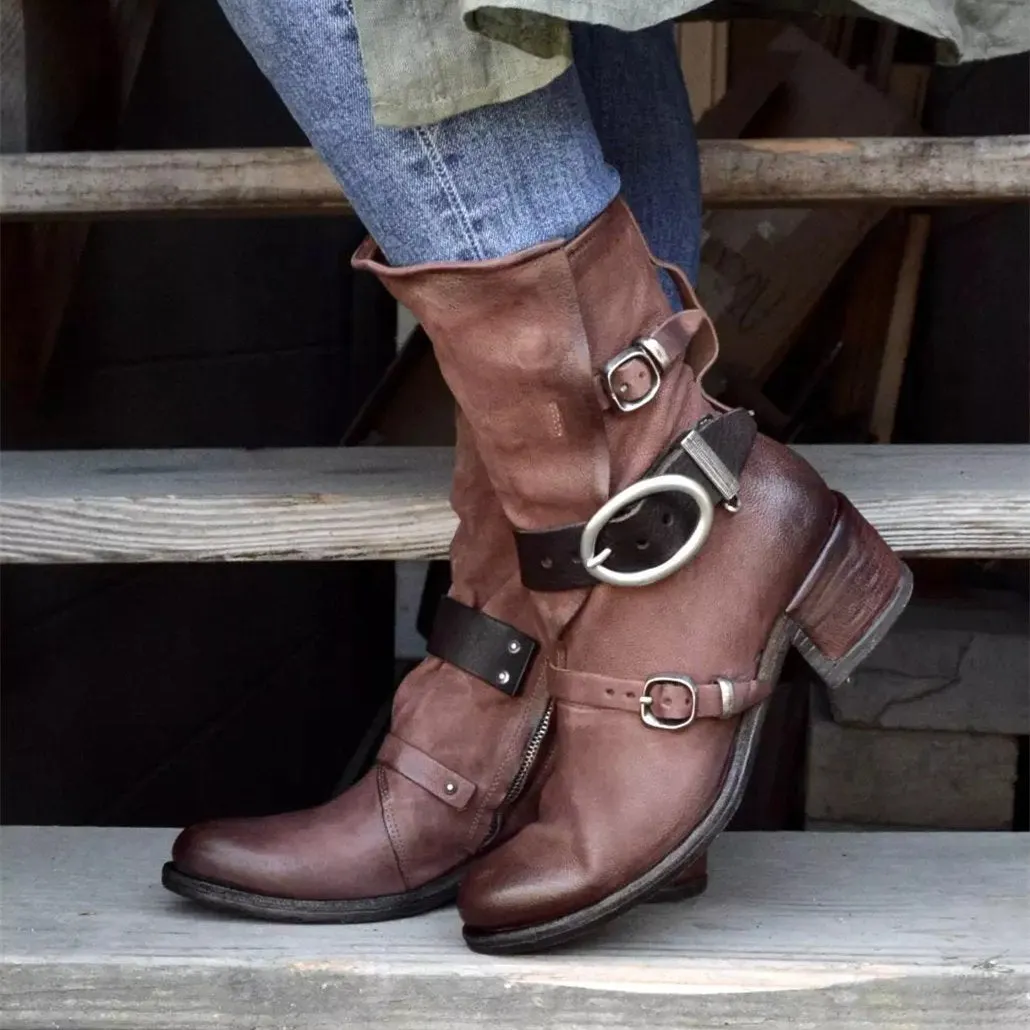 Women motorcycle chunky heel buckle strap mid calf boots