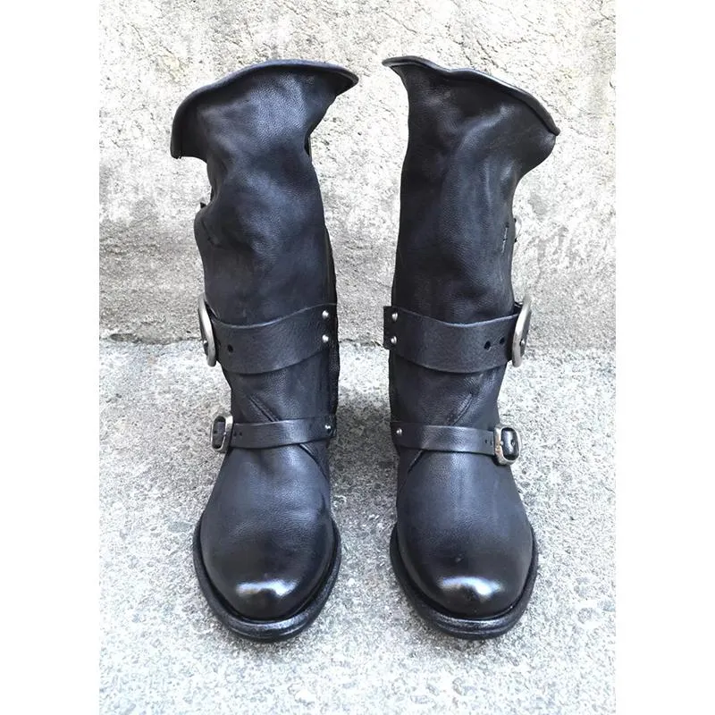 Women motorcycle chunky heel buckle strap mid calf boots