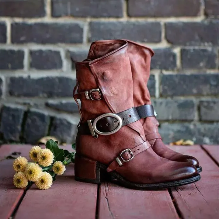 Women motorcycle chunky heel buckle strap mid calf boots