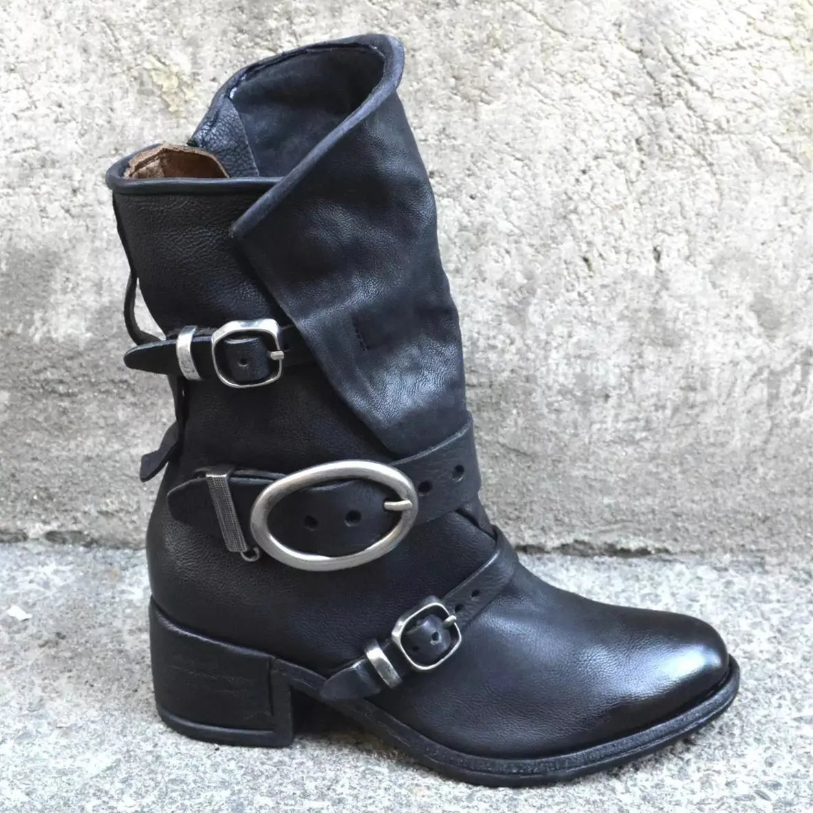 Women motorcycle chunky heel buckle strap mid calf boots