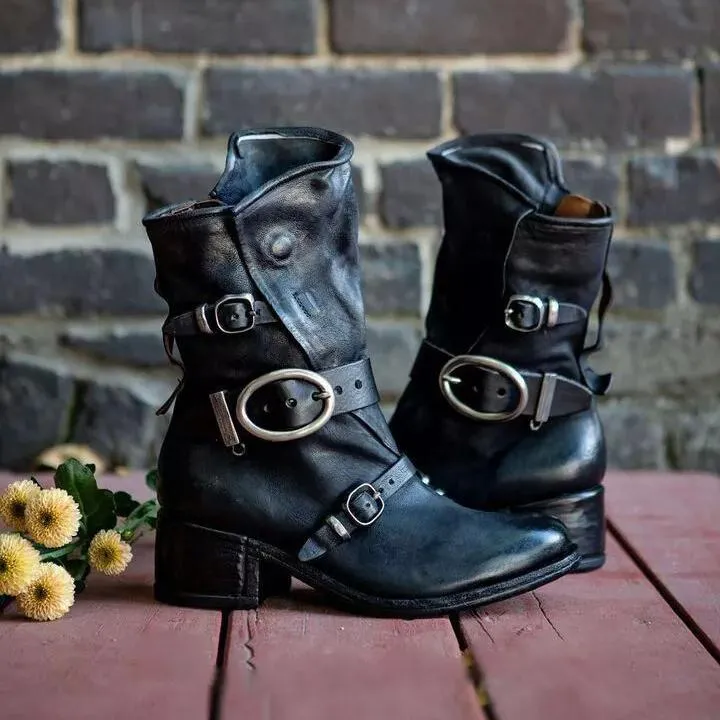 Women motorcycle chunky heel buckle strap mid calf boots