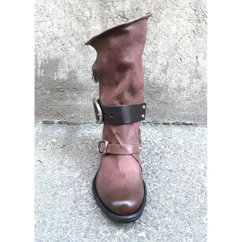 Women motorcycle chunky heel buckle strap mid calf boots