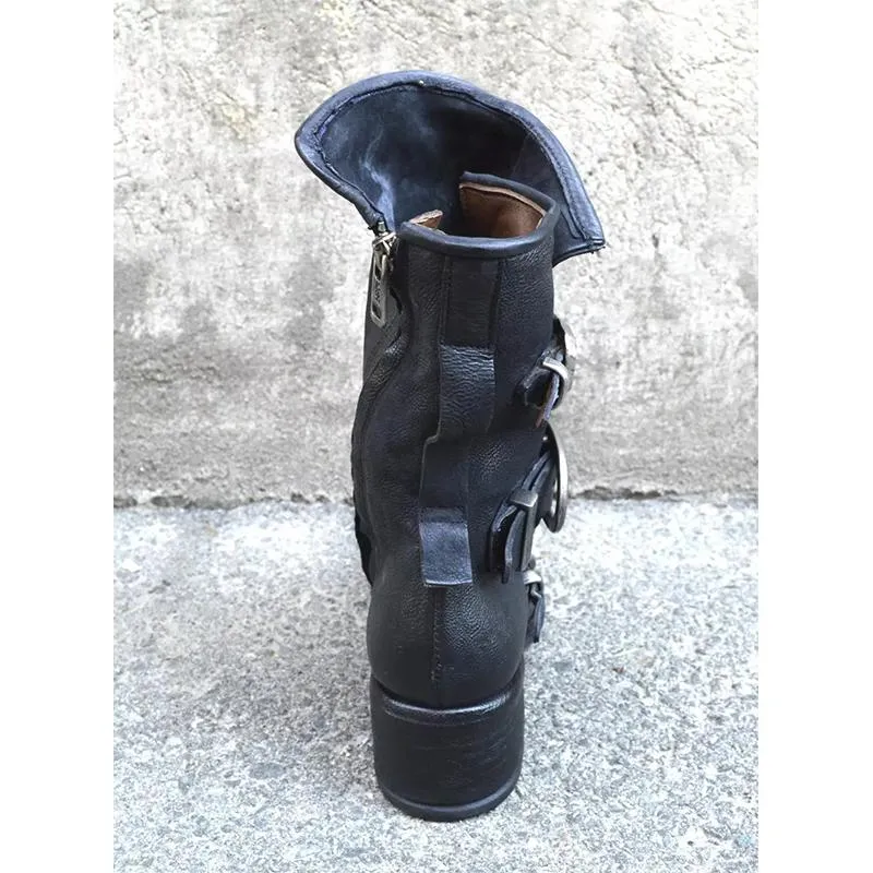 Women motorcycle chunky heel buckle strap mid calf boots