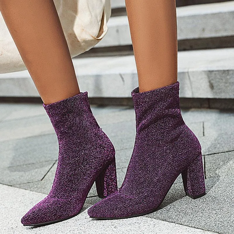 Women pointed toe elastic slip on chunky high heeled booties