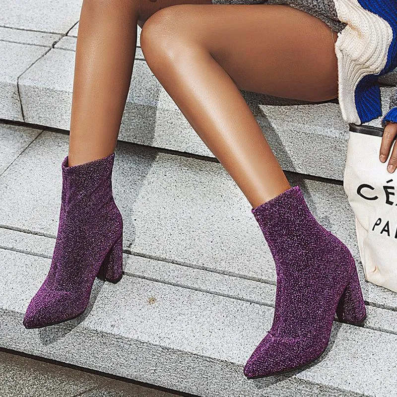 Women pointed toe elastic slip on chunky high heeled booties