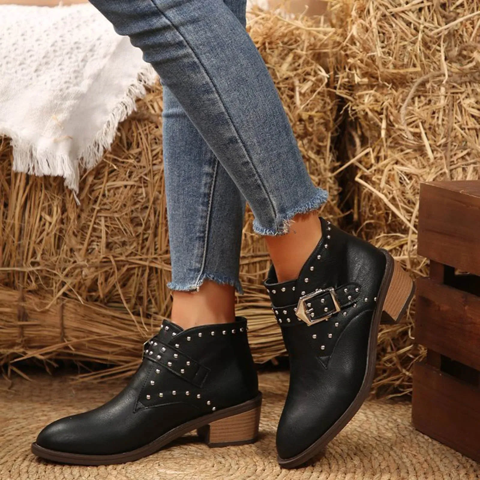 Women Spike Heel Pointed Toe Leather Ankle Boot With Buckle