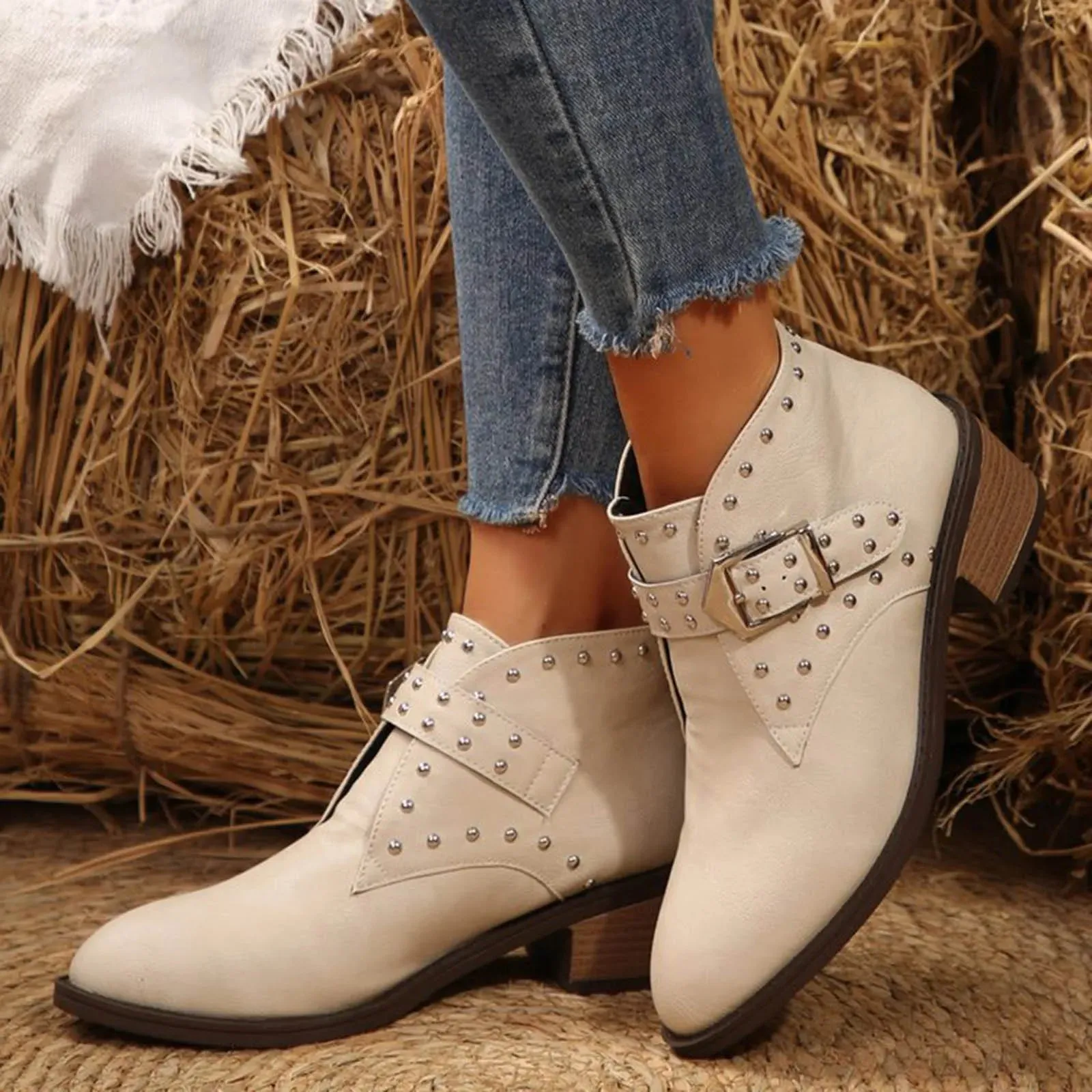 Women Spike Heel Pointed Toe Leather Ankle Boot With Buckle