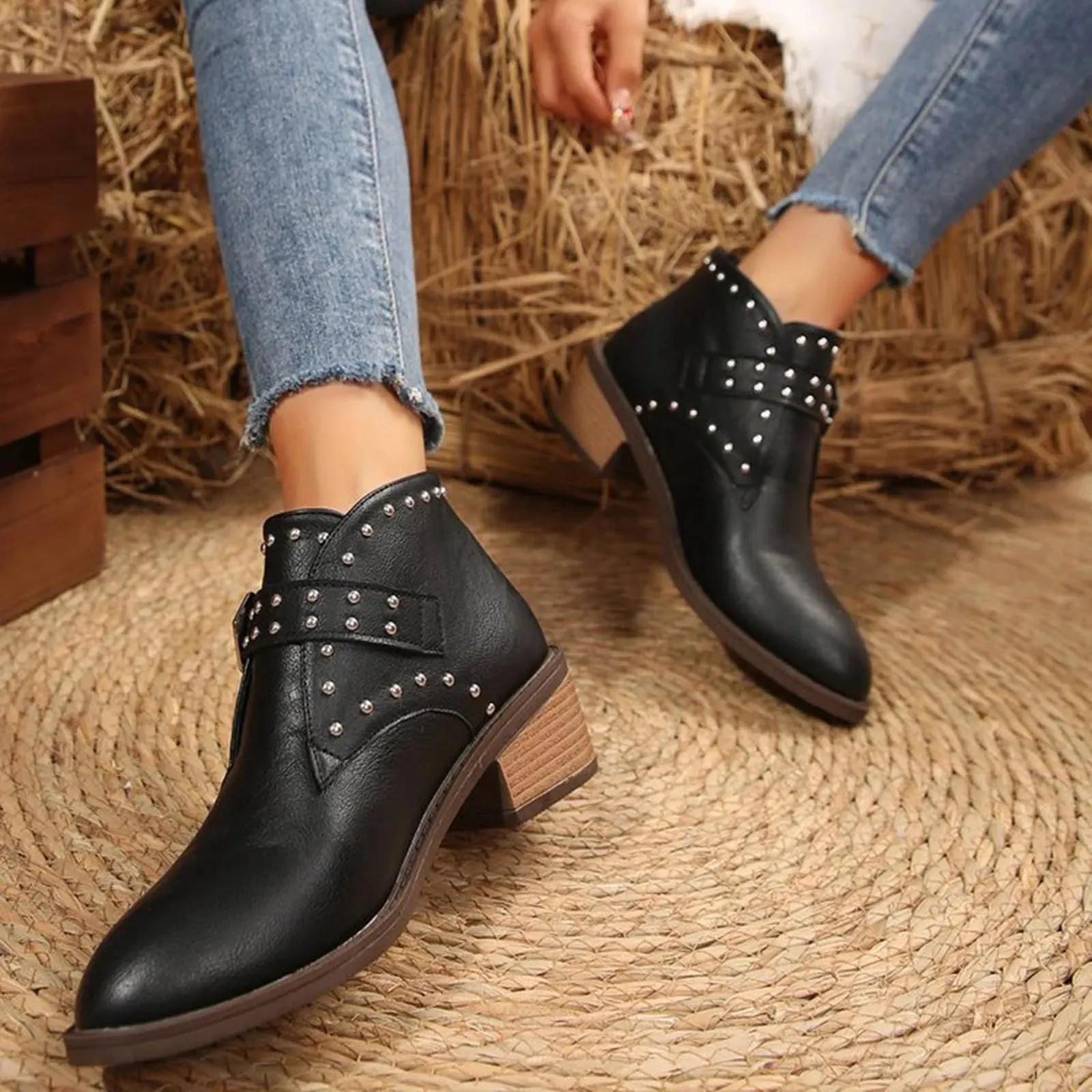 Women Spike Heel Pointed Toe Leather Ankle Boot With Buckle